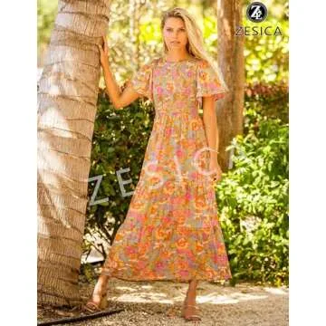ZESICA Women's 2024 Summer Casual Floral Print Short Flutter Sleeve Crew Neck Smocked High Waist Flowy Maxi Dress,GreyGreen,Large