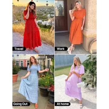 ZESICA Women's 2024 Summer Casual Floral Print Short Flutter Sleeve Crew Neck Smocked High Waist Flowy Maxi Dress,GreyGreen,Large