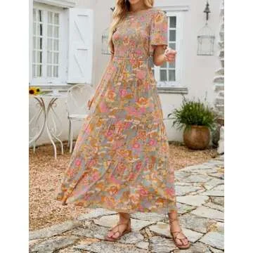 ZESICA Women's 2024 Summer Casual Floral Print Short Flutter Sleeve Crew Neck Smocked High Waist Flowy Maxi Dress,GreyGreen,Large