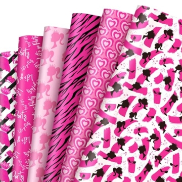 Whaline 12 Sheets Pink Girls Princess Wrapping Paper 19.7 x 27.6 Inch Hot Pink Girls Hearts Sweet St...