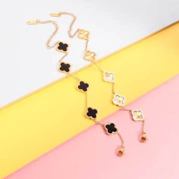 Verfimaci 2pc Clover Bracelets for Women 18K Gold Plated Cute Clover Lucky Bracelet Jewelry Gifts Trendy for Women (Gold+Black)