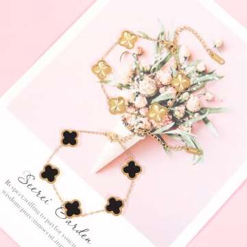 Verfimaci 2pc Clover Bracelets for Women 18K Gold Plated Cute Clover Lucky Bracelet Jewelry Gifts Trendy for Women (Gold+Black)