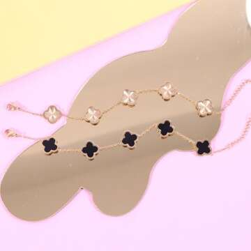 Verfimaci 2pc Clover Bracelets for Women 18K Gold Plated Cute Clover Lucky Bracelet Jewelry Gifts Trendy for Women (Gold+Black)