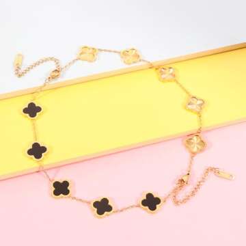 Verfimaci 2pc Clover Bracelets for Women 18K Gold Plated Cute Clover Lucky Bracelet Jewelry Gifts Trendy for Women (Gold+Black)