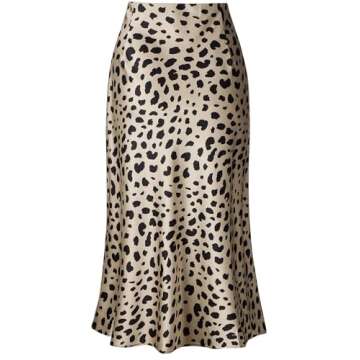Keasmto Leopard Skirt for Women Midi Length High Waist Silk Satin Elasticized Cheetah Skirts XS