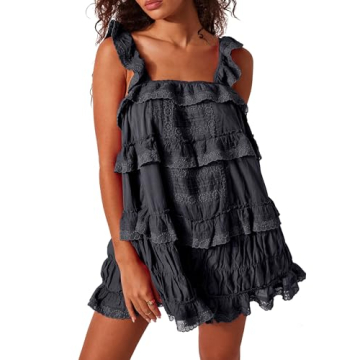 Gacaky Women's Summer Casual Sleeveless Rompers Ruffle Flowy Boho Sun Dress Loose Mini Dress with Bu...