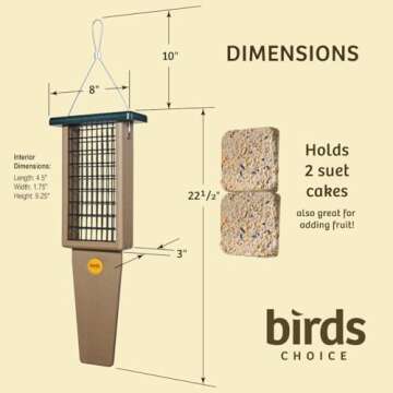 Birds Choice Pileated Suet Bird Feeder w/ Extra Long Tail Prop, Holds 2 Suet Cakes - Durable Recycled Material, Taupe w/ Green, 8"L x 3"W x 22.5"H