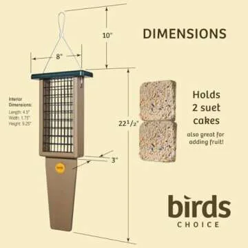 Birds Choice Pileated Suet Bird Feeder w/ Extra Long Tail Prop, Holds 2 Suet Cakes - Durable Recycled Material, Taupe w/ Green, 8"L x 3"W x 22.5"H