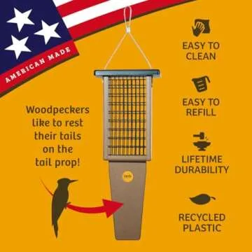 Birds Choice Pileated Suet Bird Feeder w/ Extra Long Tail Prop, Holds 2 Suet Cakes - Durable Recycled Material, Taupe w/ Green, 8"L x 3"W x 22.5"H