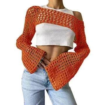KEOMUD Women Mesh Crochet Crop Top Long Sleeve Hollow Out Cropped Knit Sweater Bikini Beach See Thro...