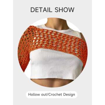 KEOMUD Women Mesh Crochet Crop Top Long Sleeve Hollow Out Cropped Knit Sweater Bikini Beach See Through Cover Ups Orange Medium