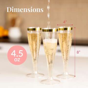 Prestee Set of 24 Plastic Champagne Flutes with Gold Rim - 4.5 oz - Shatterproof Disposable Glasses for Weddings, Cocktail Parties, and Outdoor Celebrations