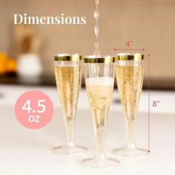 Prestee Set of 24 Plastic Champagne Flutes with Gold Rim - 4.5 oz - Shatterproof Disposable Glasses for Weddings, Cocktail Parties, and Outdoor Celebrations
