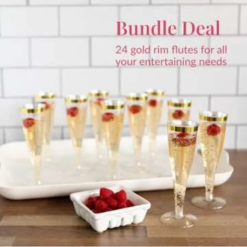 Prestee Set of 24 Plastic Champagne Flutes with Gold Rim - 4.5 oz - Shatterproof Disposable Glasses for Weddings, Cocktail Parties, and Outdoor Celebrations