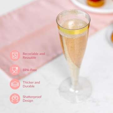 Prestee Set of 24 Plastic Champagne Flutes with Gold Rim - 4.5 oz - Shatterproof Disposable Glasses for Weddings, Cocktail Parties, and Outdoor Celebrations