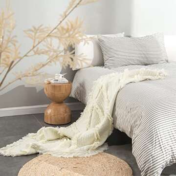 Ultra Soft Pre-Washed Quilted Boho Cream Twin Size Blankets for Bed, Ruffle Fringed Decorative Throw...