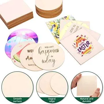 Wood Slices 100 Pcs of Unfinished Wood Chips 4x4 inch Blank Wood Chips for Handicrafts Home Decoration Wooden Coasters and DIY Crafts 50 Pcs Wood Squares and 50 Pcs Wood Circles