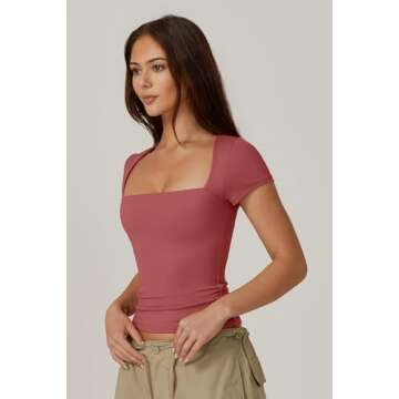 QINSEN Summer Tops for Women Slim Fit Short Sleeve T Shirts Sexy Square Neck Y2K Crop Top, Merlot Small