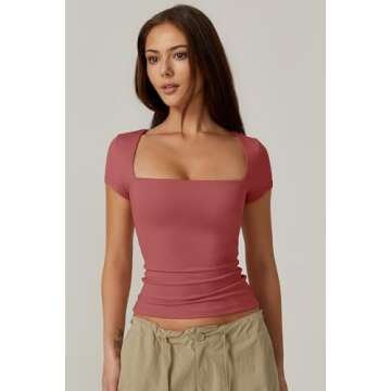 QINSEN Summer Tops for Women Slim Fit Short Sleeve T Shirts Sexy Square Neck Y2K Crop Top, Merlot Small