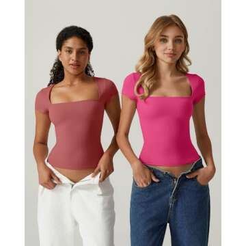 QINSEN Summer Tops for Women Slim Fit Short Sleeve T Shirts Sexy Square Neck Y2K Crop Top, Merlot Small
