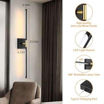 Morauroral Battery Operated Wall Sconce, Black Gold Rechargeable Wall Sconces with Remote Control, Dimmable Sconces Wall Lighting, 24 Inch Modern Wireless Wall Lights for Bathroom, Bedroom,Living Room