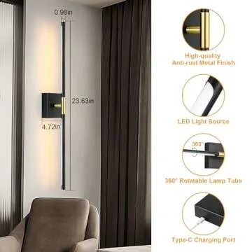 Morauroral Battery Operated Wall Sconce, Black Gold Rechargeable Wall Sconces with Remote Control, Dimmable Sconces Wall Lighting, 24 Inch Modern Wireless Wall Lights for Bathroom, Bedroom,Living Room