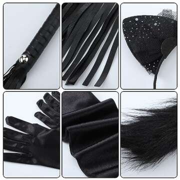 Redbaker 5 Pcs Halloween Black Cat Costume Includes Cat Ears Headband, Gloves, Black Tail, Leather Tassel Whip, Face Jewel for Halloween Dressing up Party