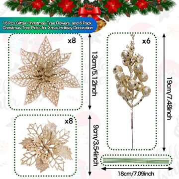 Zhuqing 22Pcs Christmas Poinsettia Artificial Flowers and Glitter Berries Stems Kit, 16Pcs Christmas Tree Flowers Ornaments and 6 Pack Christmas Tree Picks for Wedding Holiday Decorations (Champagne)
