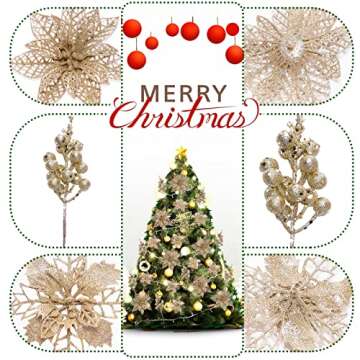 Zhuqing 22Pcs Christmas Poinsettia Artificial Flowers and Glitter Berries Stems Kit, 16Pcs Christmas Tree Flowers Ornaments and 6 Pack Christmas Tree Picks for Wedding Holiday Decorations (Champagne)