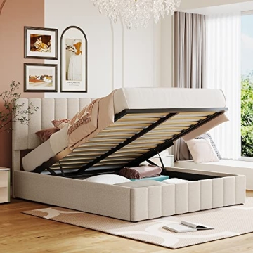 Merax Gas Lift Up Storage Platform Bed Frame Upholstered Queen Size beds with Tufted Headboard Woode...