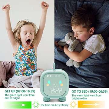 Kids Alarm Clock with Dinosaur, Digital Alarm Clock for Kids Bedroom, Cute Bedside Clock Children's Sleep Trainier, Wake Up Light and Night Light with USB for Boys Girls Birthday Gifts. (Green)