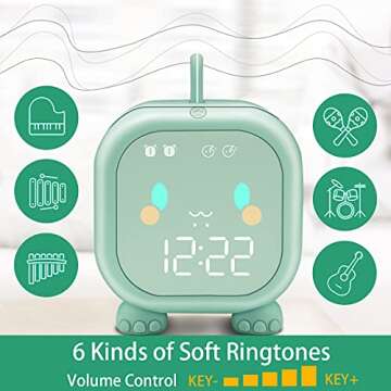 Kids Alarm Clock with Dinosaur, Digital Alarm Clock for Kids Bedroom, Cute Bedside Clock Children's Sleep Trainier, Wake Up Light and Night Light with USB for Boys Girls Birthday Gifts. (Green)