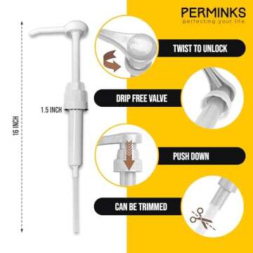 PERMINKS 5 Gallon Pump Dispenser - Pump for 5 Gallon Bucket, Jug, Bottle, Large Container - Great for Shampoo & Conditioner, Laundry Detergent, Snow Cone Syrup, Bleach Liquid, Oil & More (Pack of 1)