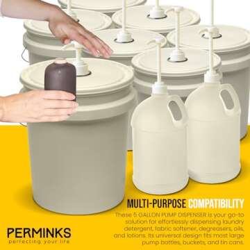 PERMINKS 5 Gallon Pump Dispenser - Pump for 5 Gallon Bucket, Jug, Bottle, Large Container - Great for Shampoo & Conditioner, Laundry Detergent, Snow Cone Syrup, Bleach Liquid, Oil & More (Pack of 1)