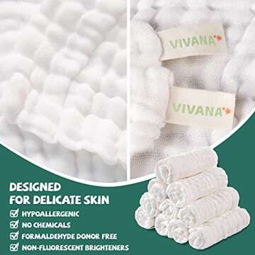 VIVANA Baby Muslin Washcloths - Soft & Absorbent Towels