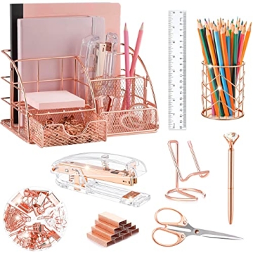 KAAKOW Rose Gold Office Supplies Set - Stapler, Holder & More
