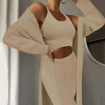 Cozy TOLENY Women Fuzzy 3 Piece Lounge Set: Cardigan, Crop Top, & Pants