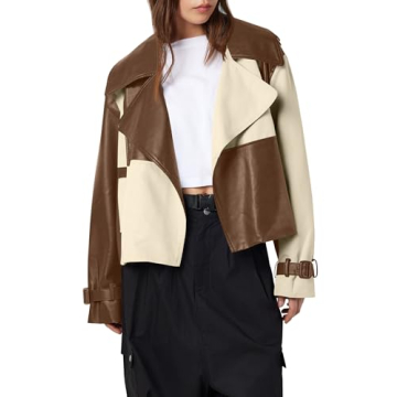 Tankaneo Womens Leather Cropped Jacket - Trendy Oversized Motorcycle Coat
