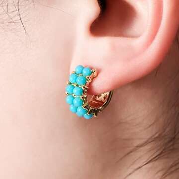 Simulated Turquoise Huggie Earrings Rhinestone Small Gold Hoop Earrings for Women Lucky Blue Boho Be...