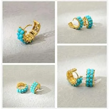 Simulated Turquoise Huggie Earrings Rhinestone Small Gold Hoop Earrings for Women Lucky Blue Boho Beaded Unique Gifts Hoop hypoallergenic Thin Earrings… (Turquoise)…