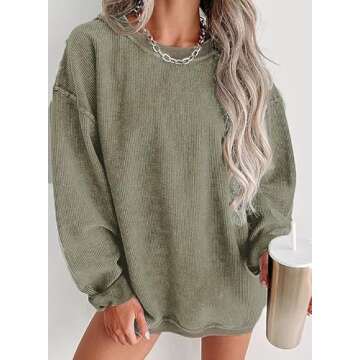 Trendy Women's Crewneck Oversized Corded Sweatshirt