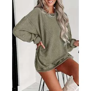 Trendy Women's Crewneck Oversized Corded Sweatshirt