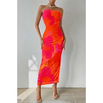 PRETTYGARDEN Women's Summer Maxi Bodycon Dresses Strapless Tube Top Printed Long Party Club Slit Dress (Orange Red Big Floral,Medium)