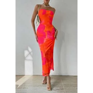 PRETTYGARDEN Women's Summer Maxi Bodycon Dresses Strapless Tube Top Printed Long Party Club Slit Dress (Orange Red Big Floral,Medium)