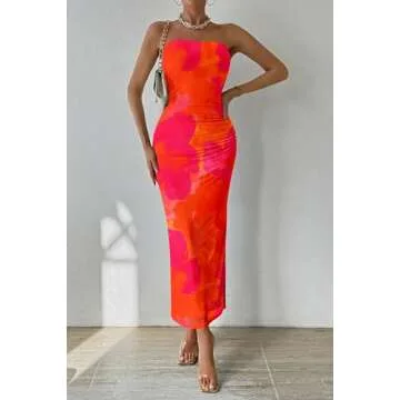 PRETTYGARDEN Women's Summer Maxi Bodycon Dresses Strapless Tube Top Printed Long Party Club Slit Dress (Orange Red Big Floral,Medium)