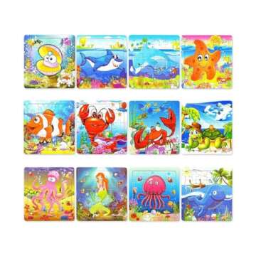 Vileafy 12 Pack Party Favors Puzzles for Kids Age 4-8 - Wooden Jigsaw Set with Organza Bags