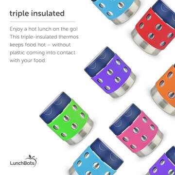 LunchBots Thermal 8 oz Triple Insulated Thermos - Hot 6 Hours or Cold 12 Hours - Leak Proof Thermos Soup Jar - All Stainless Interior - Navy Lid - Orange Dots