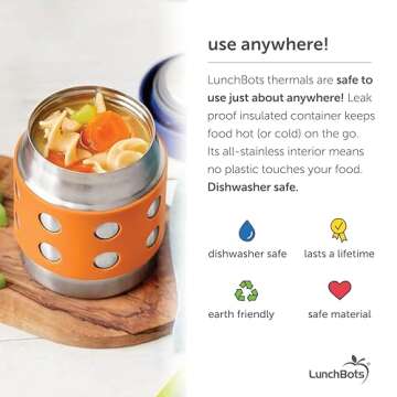 LunchBots Thermal 8 oz Triple Insulated Thermos - Hot 6 Hours or Cold 12 Hours - Leak Proof Thermos Soup Jar - All Stainless Interior - Navy Lid - Orange Dots