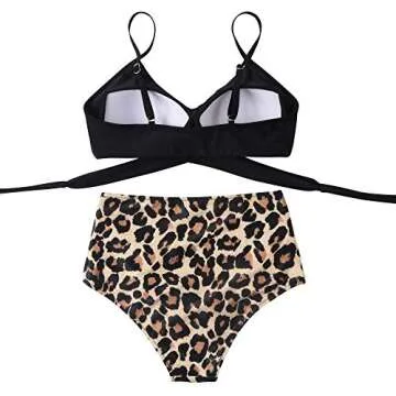 RUUHEE Women Criss Cross High Waisted String Floral Printed 2 Piece Bathing Suits (M(US Size 6-8), Leopard Printed)
