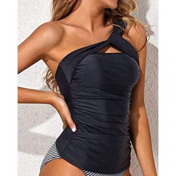 Tempt Me Women Black Tankini Top Swim Tops Ruched One Shoulder Bathing Suit Swimsuit Tops Only M